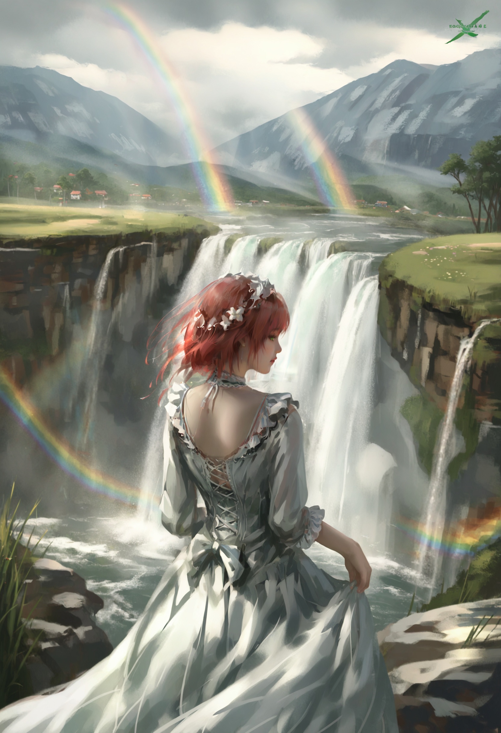 masterpiece, best quality,1girl,   realistic, solo, 1011ta dress, red hair, 1011ta, waterfall, rainbow, scenery, sky, cloud, mountain, cloudy sky, blue sky, facing away, landscape, water, green eyes, dress, medium hair, dragon <lora:wlopXLlokr4f-000187:0.95>