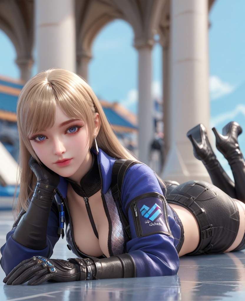 (oriental architecture, elegant decor, sophisticated style:1.1),(lying on stomach:1.1),(breasts:1.2),<lora:XL16穿越火线岚兮儿保卫者:0.95>,miss lanxier,blue cropped jacket with tactical reflective patches,blue eyes,blonde hair,long hair,earrings,suspenders,black gloves,black shorts,midriff,black thighhighs,black thigh boots,, score_9,score_8_up,score_7_up,score_6_up,score_5_up,score_4_up,3d rendering,tag1,tag2, Cinematic Lighting,backlighting,, zPDXL3, zPDXL2,zPDXL, zPDXLxxx, zPDXLrl,