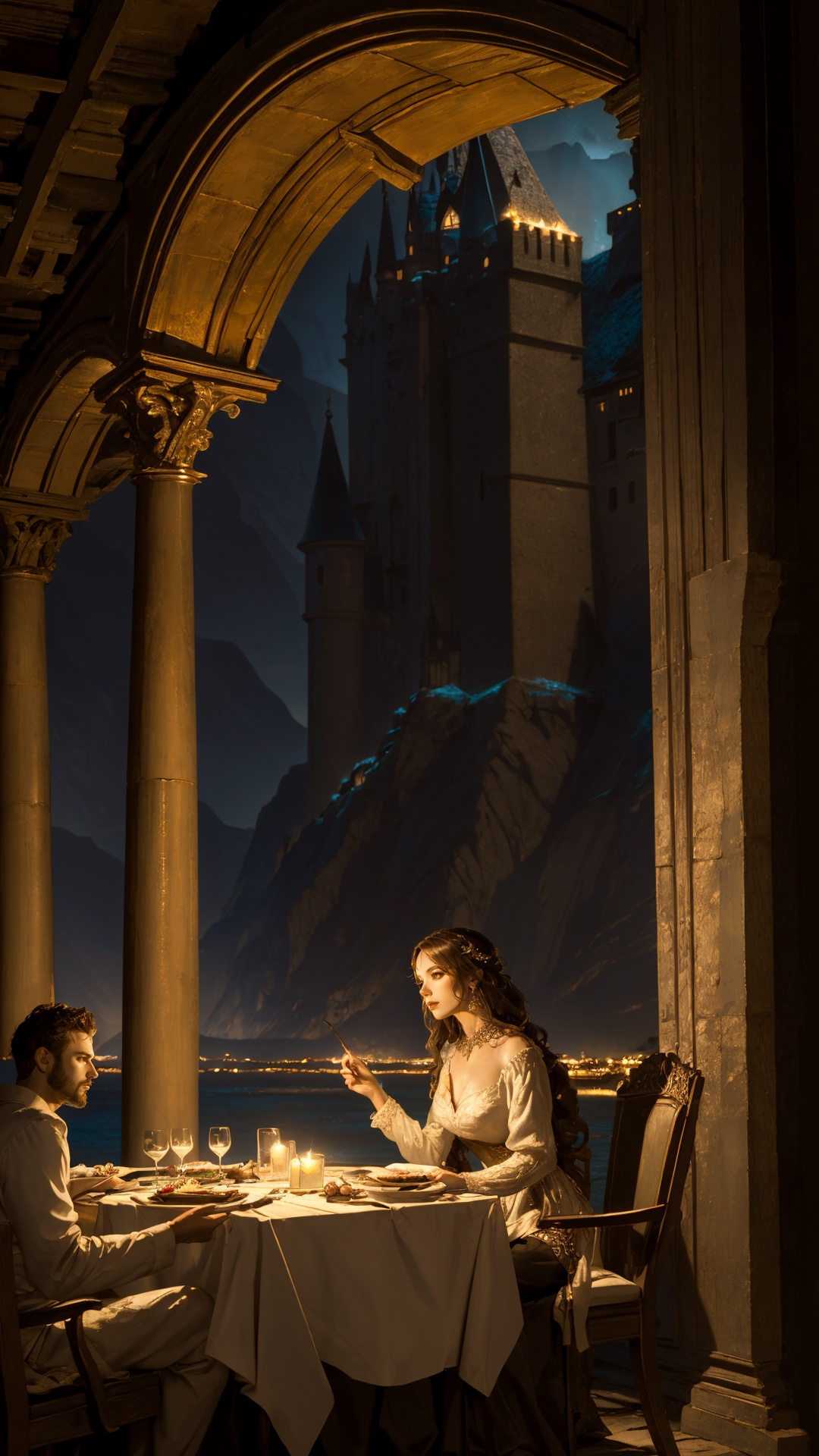 on parchment Romantic dinner on the beach detailing magical realm fantasy scene dramatic light sharp details
