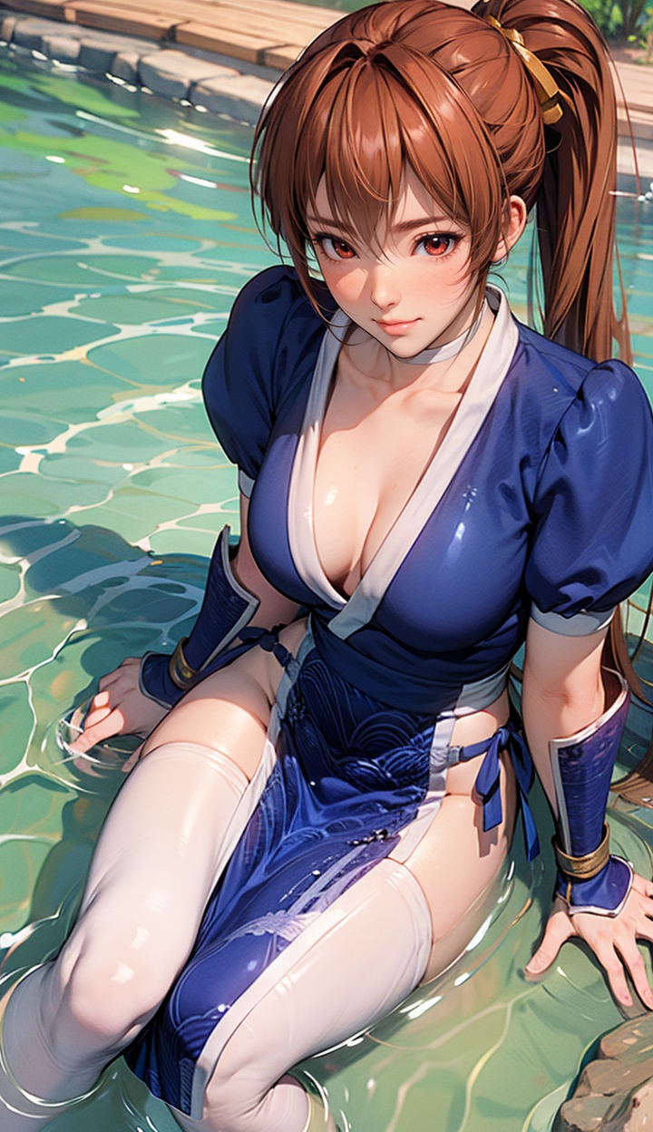 kasumi,1girl,solo,medium breasts,closed mouth,Best quality,masterpiece,ultra high res,high quality,8k,wallpaper,fine lineart,highly detailed,absurdres,<lora:kasumisuit4r-000005:0.8>,pelvic curtain,arm guards,shin guards,<lora:add_detail:0.3>,,(water:1.1),(wading:1.1),from above,(sitting:1.1),looking at viewer,(blush:1.2),,