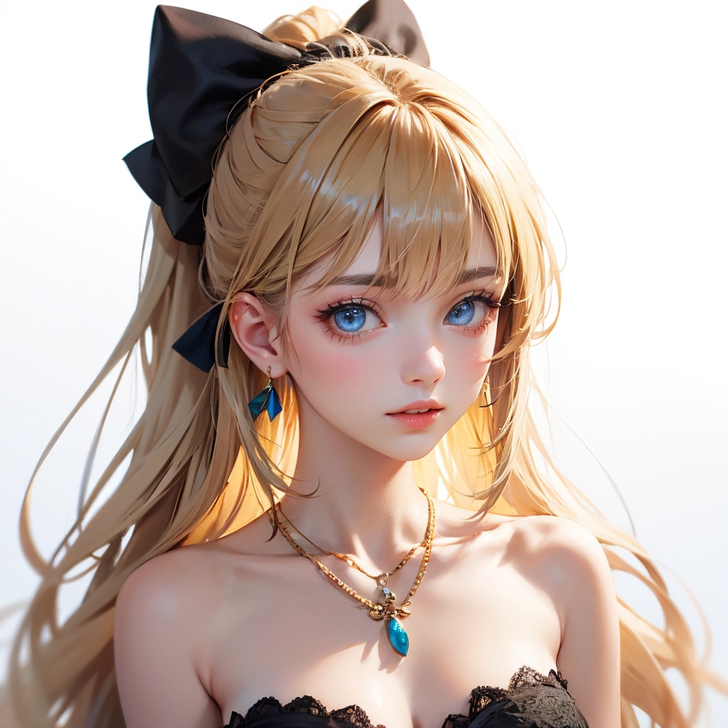 1girl,solo,long hair,looking at viewer,bangs,blue eyes,blonde hair,simple background,white background,dress,bow,bare shoulders,jewelry,collarbone,upper body,ponytail,hair bow,earrings,parted lips,necklace,black dress,grey eyes,black bow,
