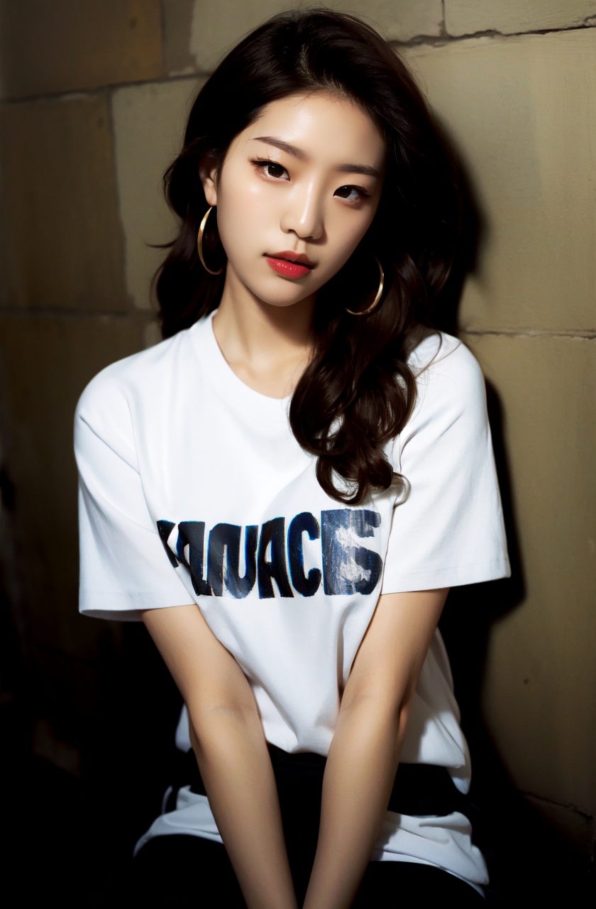 masterpiece,best quality,absurdres,1girl,solo,dutch angle,brown hair,earrings,hoop earrings,short hair,Hairpin,realistic,closed mouth,night,dark,t-shirt,brick wall,korean face,lipstick,sitting,english text,