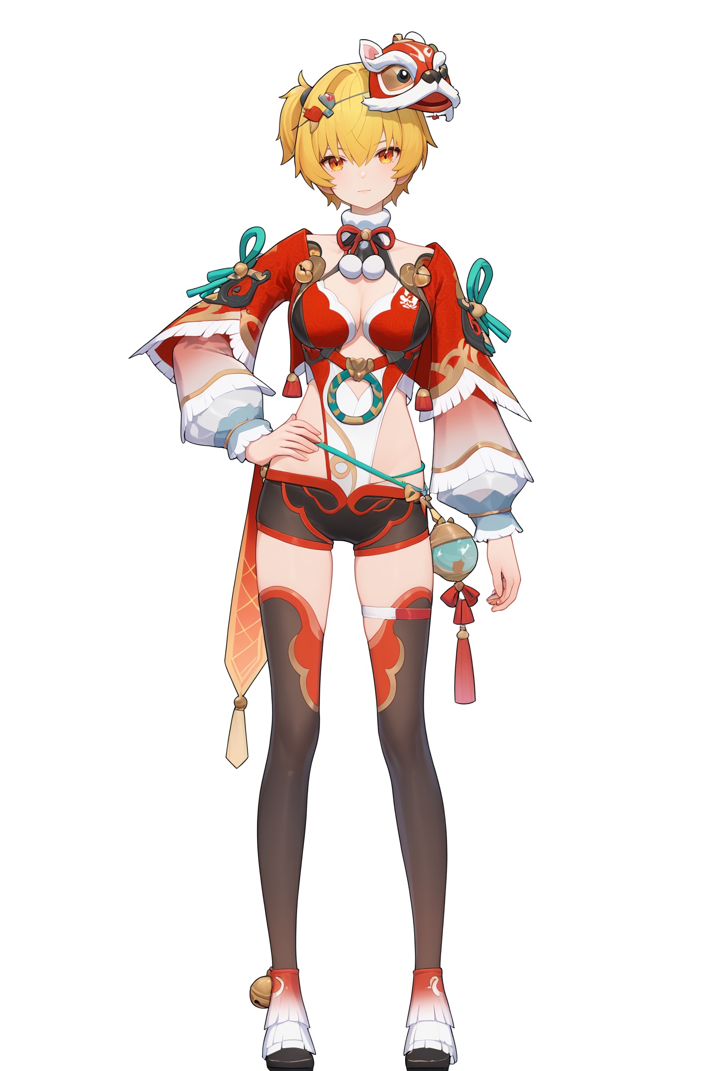 score_9,score_8_up,score_7_up,score_anime,8k,best quality,masterpiece,(ultra-detailed),(high detailed skin),(by nanoless, by misumi \(macaroni\),:0.5),<lora:YLI 0.1v:0.25>,<lora:style1:0.25>,A full-body portrait of a young girl,standing gracefully,pastel art style,high-key lighting,shoujo manga influence,hd quality,delicate details,full body,full shot,standing,looking at viewer,(solo:1.2),simple background,white background,hand on own hip,<lora:cbcnwed-pony-Tanger-000019:0.8>,Fenny, clothes: Fenny Lion dance costumes, 3rd clothes, Fenny mask hair ornament, blonde hair, black shorts, black thighhighs, 1girl,breasts, short hair, bell,