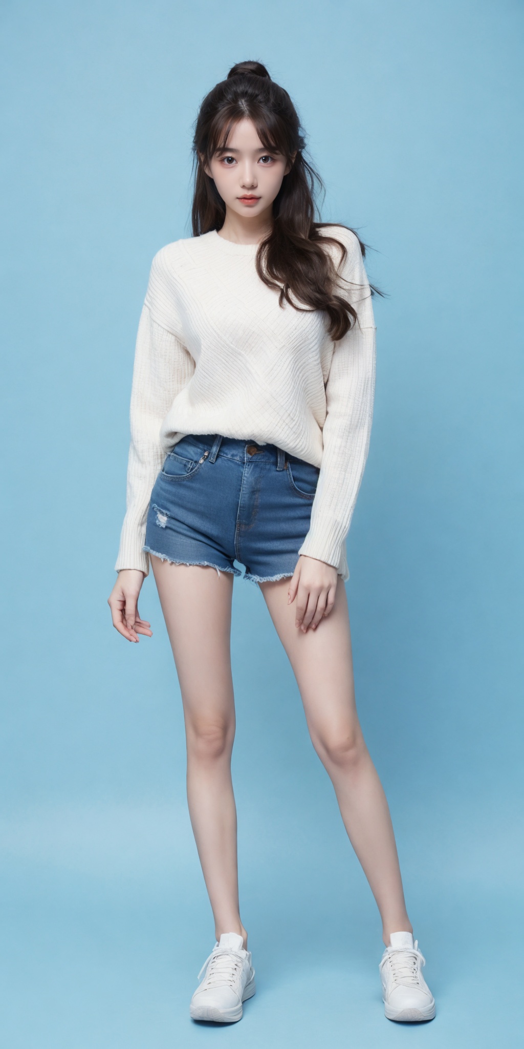 1girl,(standing:1.3),(denim_shorts:1.2),(blue background:1.3),(white sweater:1.2),white sneaker,long hair,