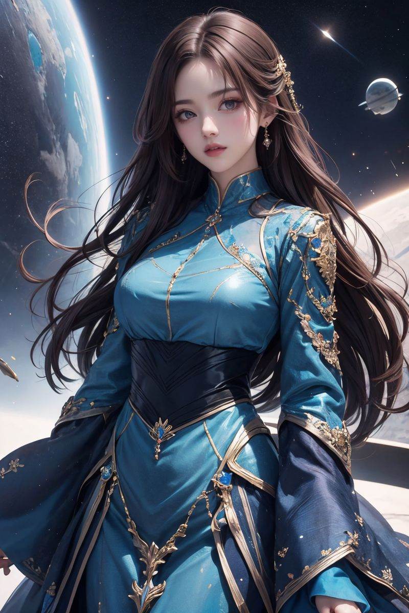 upper body,1girl,brown hair,dress,jewelry,long hair,looking at viewer,solo,space,