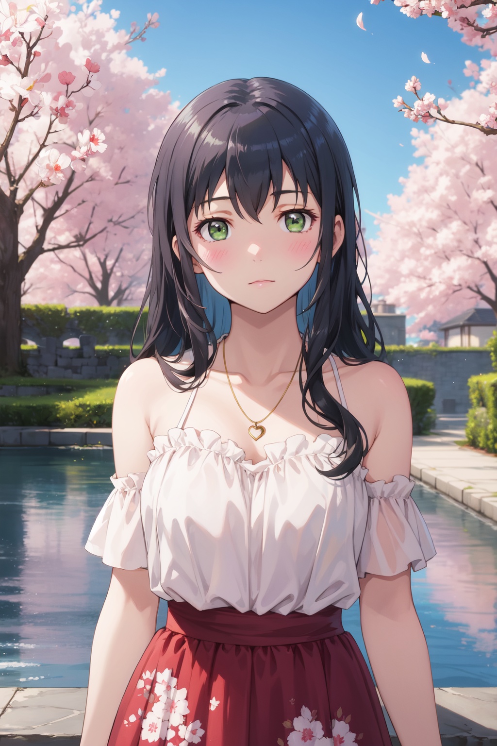 <lora:Saori-000014:0.8>,Saori cyql,1girl,looking at viewer,solo,black hair,long hair,green eyes,necklace,jewelry,blush,Retro-inspired halter dress with a flared skirt and a vibrant geometric print,happy,panorama,beautiful face,beautiful eyes,glossy skin,shiny skin,Cherry blossoms, Garden, Petals, Blossoming trees, Serenity, Zen, Pond, Bridges,(Cherry blossoms, Magnolia trees, Park benches, Joggers, Urban skyline, Afternoon sun:0.5),beautiful detailed sky,beautiful detailed glow,posing in front of a colorful and dynamic background,masterpiece,best quality,beautiful and aesthetic,contrapposto,female focus,wallpaper,fashion,