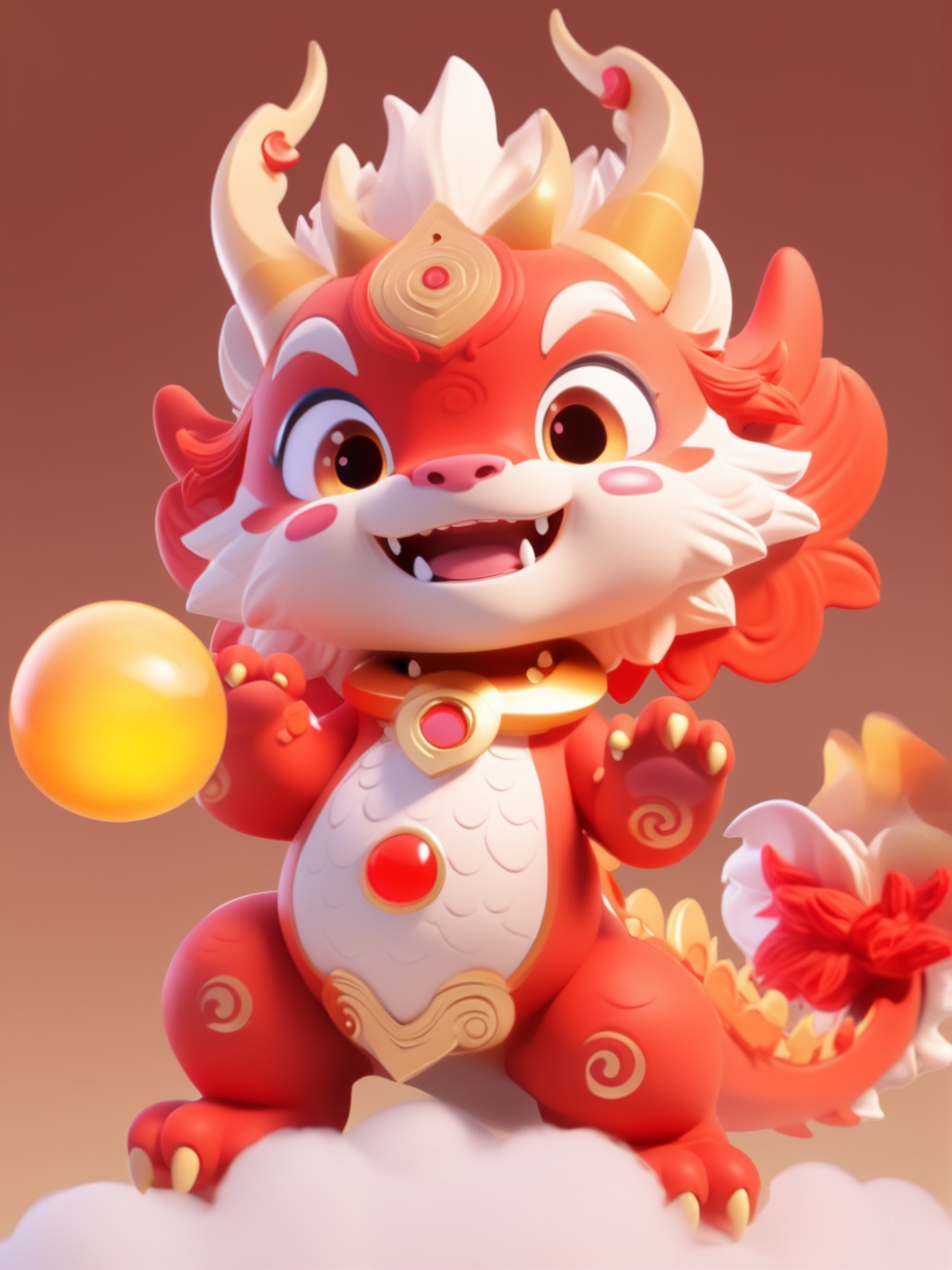 a vibrant and animated character that appears to be a fusion of a dragon and a lion. The character has a bright red body with white and gold accents, especially around its mane and crown. It has large, expressive eyes and a cheerful expression. The character is adorned with a golden crown, a red gem on its forehead, and a golden collar. It is also seen holding a glowing, yellowish orb or moon-like object in its hand. The background is a gradient of warm colors, transitioning from a light peach to a deeper orange, giving the image a warm and inviting feel<lora:LONG IP:1>