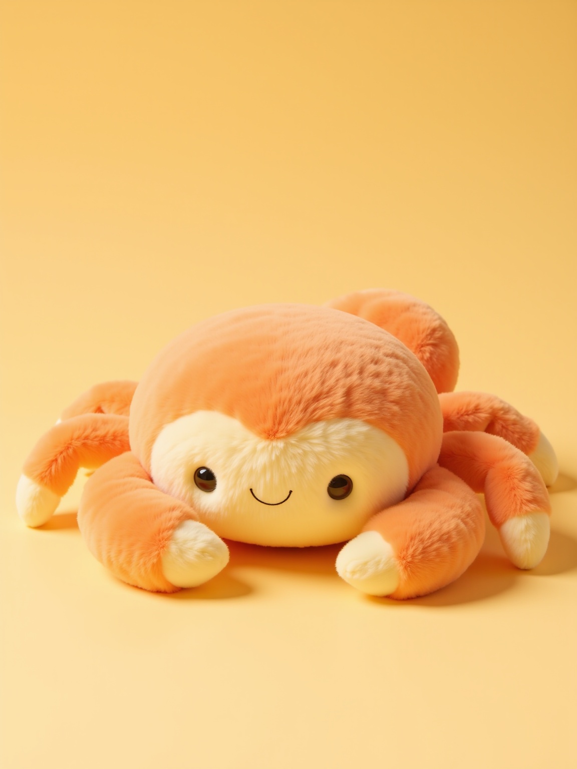 YY_plush,Photo of a plush toy crab with a soft,fluffy texture,sitting on a light yellow background. The crab has a round body with a light orange color and small,black eyes with a cute,smiling expression. It has two small,round arms with claws on either side of its body. The crab's feet are also visible,with a pale yellow color. The image has a warm,yellowish tone. The photo has a soft,dreamy quality,with gentle lighting and a slight vignette effect. The overall mood is playful and cute.,<lora:YY-毛绒F.1:1>,