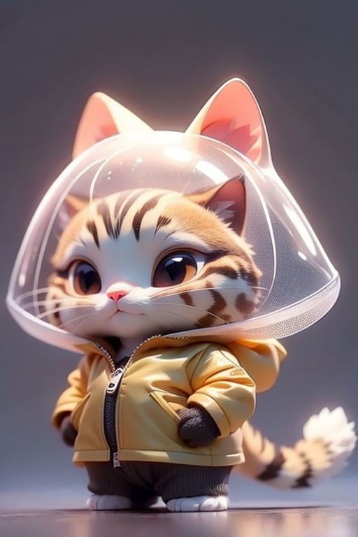 "Describe the object" : "a cat in a raincoat",cat,solo,hood,tail,see-through,raincoat,furry,cat tail,whiskers,zipper,no humans,full body,standing,cat ears,looking up,animal ears,animal,jacket,1other,C4D,3D,
