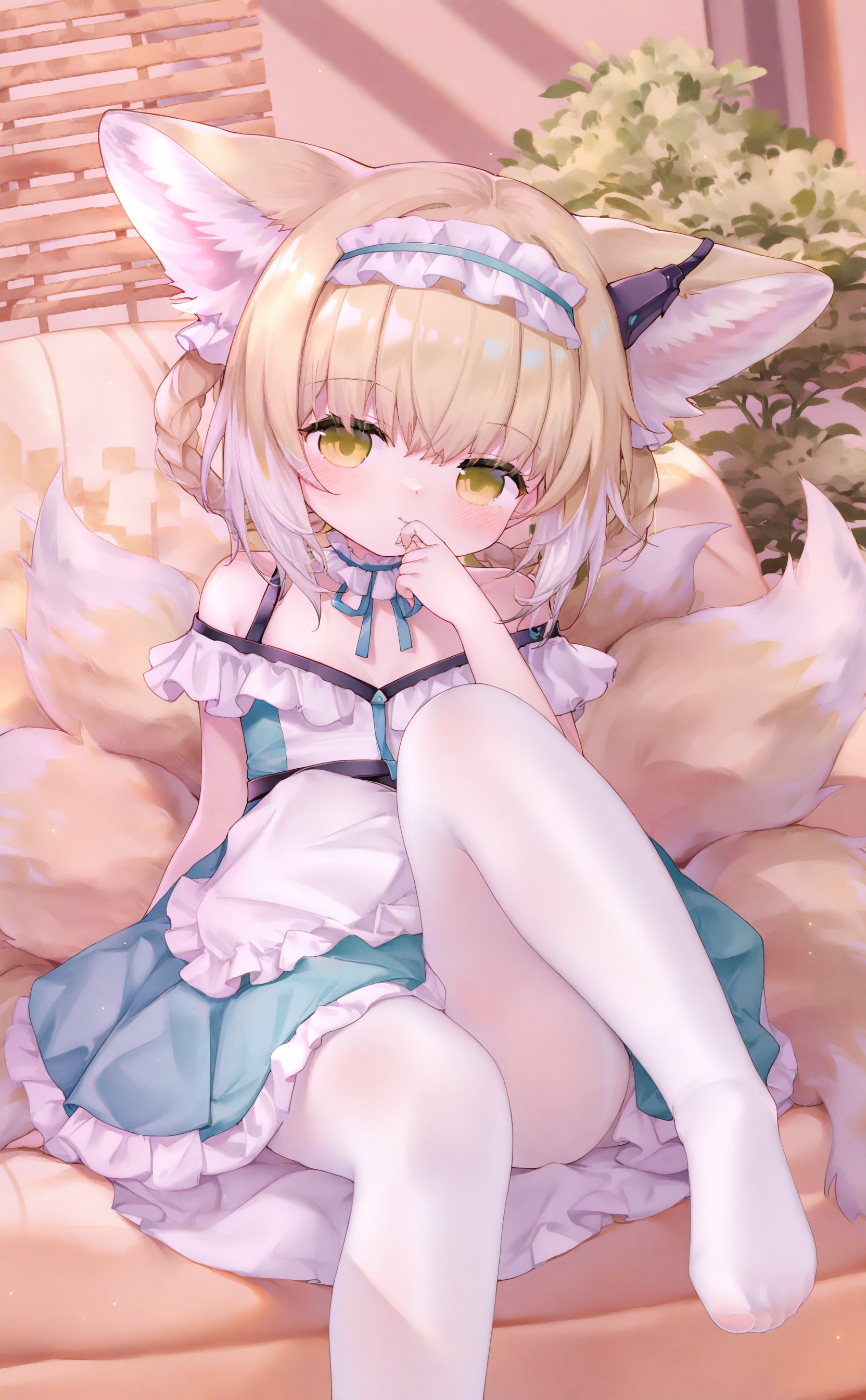 linl,1girl,suzuran (arknights),green eyes,solo,looking at viewer,no shoes,official alternate costume,white pantyhose,blush,short hair,<lora:linglan-000018:0.6>,<lora:guizhencao——【noob】hans:0.6>,<lora:xuegaov1:0.5>,