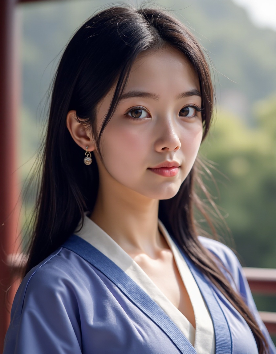 1girl, solo, young, teenage, earrings, jewelry, realistic, looking at viewer, long hair, black hair, upper body, closed mouth, chinese clothes, outdoors,