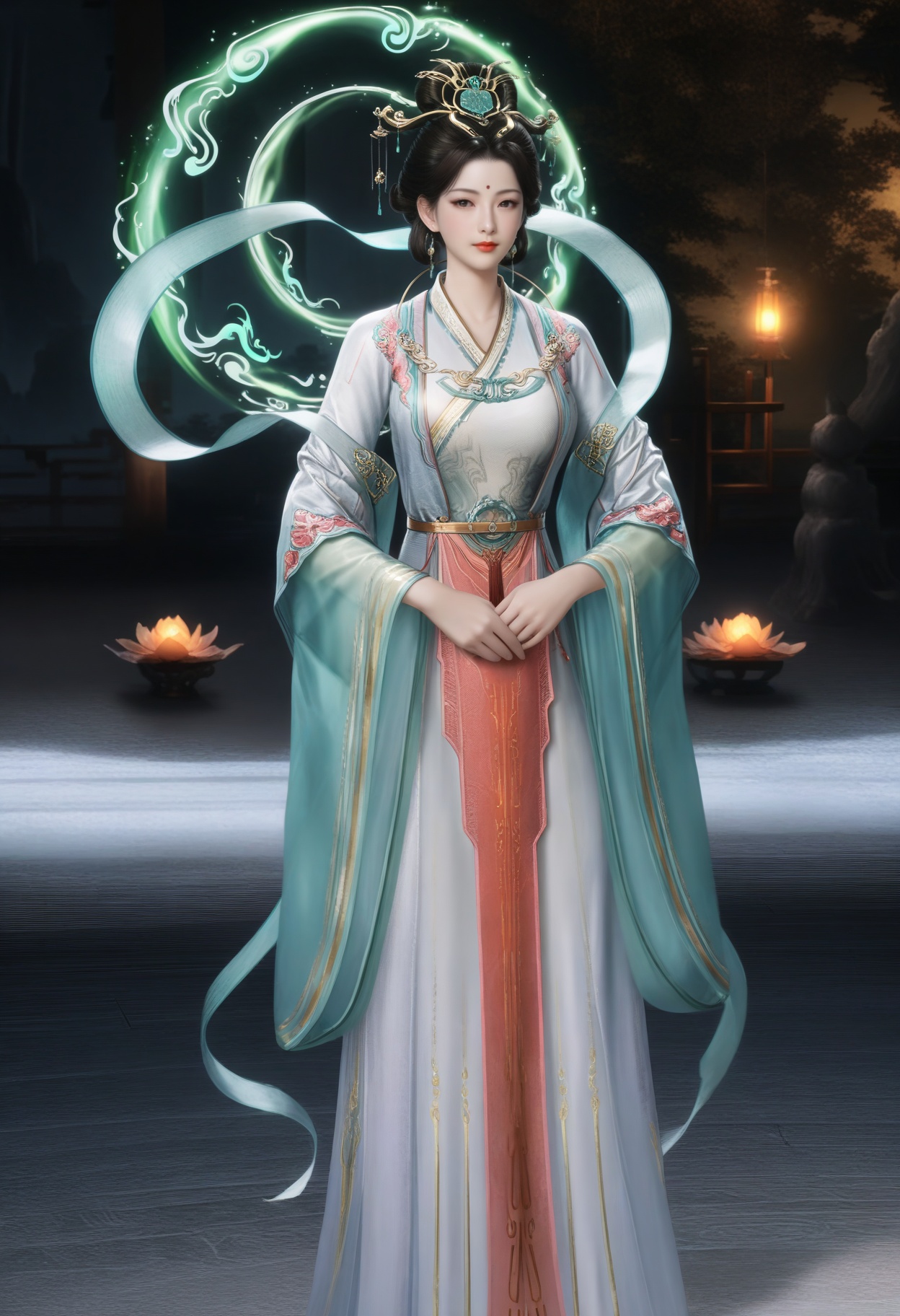 masterpiece,best quality,amazing quality,very aesthetic,high resolution,ultra-detailed,absurdres,scenery,photorealistic,(looking at viewer:1.1),(Dark room:1.3),(moody lighting:1.1),peach blossom,falling petals,(large breasts:0.8),xiwangmu,1girl,solo,black hair,hair ornament,jewelry,earrings,chinese clothes,forehead mark,light particles,swirling aura,realistic,hair bun,shawl,hanfu,red lips,long sleeves,closed mouth,high heels BREAK photorealistic details,<lora:QQSillxiwangmuV1:0.8>,