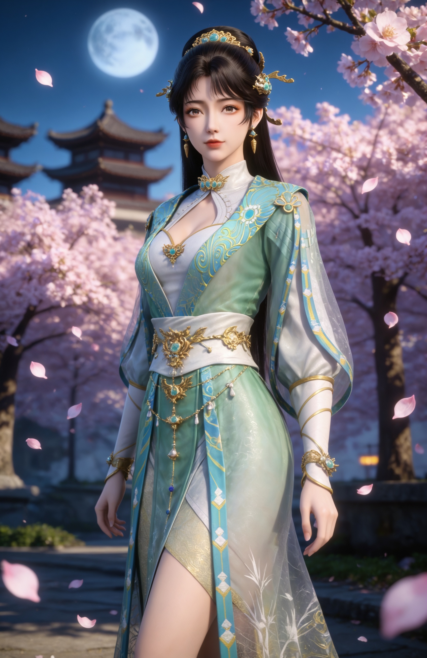 realistic style photo,outstanding style,Use soft lighting to cast gentle shadows on the subject,adding a touch of dimension to your images without compromising details,whirls of vapor,(Anime:1.1),soft neon light,ethereal ambiance,delicate details,magical atmosphere,concept art,highly detailed,ultra-high resolution,32K UHD,sharp focus,best-quality,masterpiece,golden hour,unconventional supreme masterpiece,masterful details,temperate atmosphere,with a high-end texture,in the style of fashion photography,magazine style,Dynamic Angle,Dynamic posture,magazine style,Dynamic Angle,Dynamic posture,(cowboy_shot:1.2),eye trail,depth of field,cinematic lighting,lens flare,extreme aesthetic,(wlop:0.6),(honjou raita,lack,rella,wanke:0.5),masterpiece,best quality,good quality,newest,very aesthetic,absurdres,Visual impact,A shot with tension,ultra-high resolution,32K UHD,sharp focus,best-quality,masterpiece,Emotionalization,unconventional supreme masterpiece,masterful details,temperate atmosphere,with a high-end texture,in the style of fashion photography,(Visual impact:1.2),giving the poster a dynamic and visually striking appearance <lora:九阳武神-苏青洛pony:0.7> 1girl, black hair, long hair, hair ornament, jewelry, hair bun, green dress, long sleeves, cleavage cutout, sash, white footwear, chinese clothes, earrings, masterpiece,best quality,solo,1girl,upper body,petals,looking at viewer,moon,branch,cherry blossoms,flower,extreme aesthetic,(quasarcake:0.7),masterpiece,best quality,good quality,newest,very aesthetic,absurdres,A shot with tension,(Visual impact,giving the poster a dynamic and visually striking appearance:1.2),impactful picture,offcial art,colorful,splash of color,movie perspective,