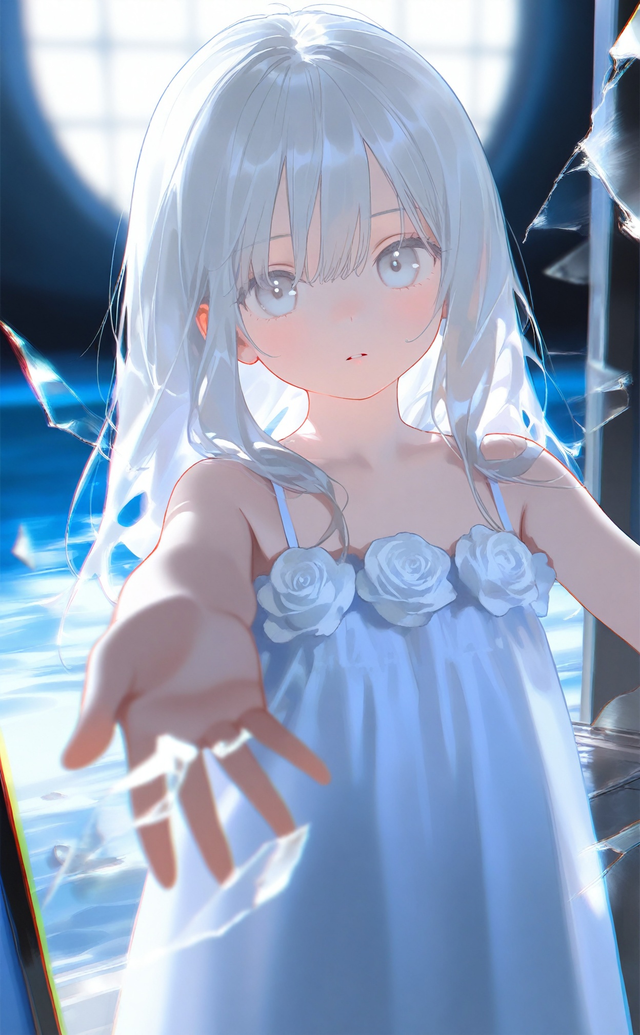 masterpiece,blurry background,background light,loli,loli,1girl,solo,long hair,dress,looking at viewer,white eyes,glass,white dress,grey eyes,white hair,flower,broken glass,white theme,dress flower,blue theme,bare shoulders,glass shards,white flower,reaching,reaching towards viewer,water,parted lips,closed mouth,sleeveless,reflection,sleeveless dress,white rose,watermark,expressionless,