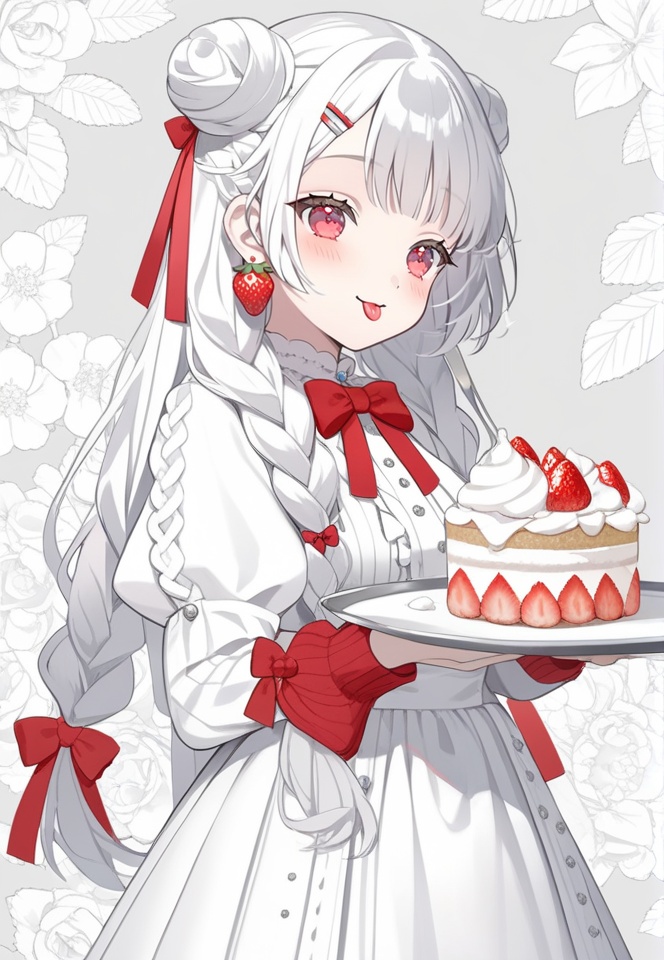 (best quality), ((masterpiece)), (highres), illustration, original, extremely detailed, <lora:淡彩の华美病娇:0.6>1girl, braid, food, long hair, holding, cake, jewelry, tongue, tongue out, hair ornament, white theme, strawberry, dress, solo, strawberry shortcake, hair bun, red bow, earrings, blush, bow, white hair, long sleeves, twin braids, hairclip, double bun, puffy sleeves, fruit, plate, holding plate, ribbon, white dress, hair bow, flower, bangs, tray, holding tray, fork, grey background, very long hair, :p, whipped cream, hair ribbon, floral background