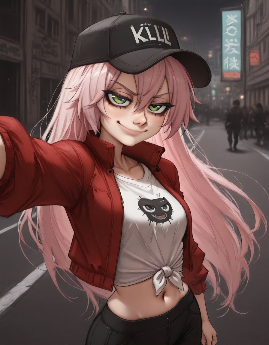 Depth of field,light particles,lens flare,(artist: quasarcake:0.8),extreme aesthetic,(wlop:0.6),wanke,relle,wanke,masterpiece,best quality,good quality,newest,year 2024,year 2023,very aesthetic,absurdres,Visual impact,Electromotive force,perspective composition,a shot with tension,ultra-high resolution,32K UHD,sharp focus,best quality,masterpiece,Emotionalization masterpiece,unconventional supreme,masterful details,with a high-end texture,in the style of fashion photography,(Visual impact:1.2),giving the poster a dynamic and visually striking appearance,impactful picture,official art,colorful,splash of color,movie perspective,masterpiece,best quality,amazing quality,very aesthetic,absurdres,best quality,good,(miurahha, bacius, ririko (fhnngririko):0.4),1girl,black hat,crop top,green eyes,looking at viewer,midriff,navel,pink hair,rappa (honkai: star rail),red jacket,solo,tied shirt,very long hair,white shirt,smile,smug,close-up,dynamic angle,dynamic action,graffiti,street,night,cyberpunk city,slightly blurred background,graffiti effect,ninja,full_shot,looking_at_viewer,dynamic_angle,depth of field,solo_focus,face_focus,eyes_focus,