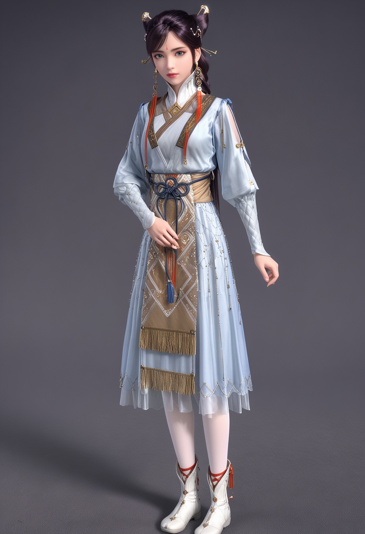 (standing:1.1),(full_body:1.1),(looking at viewer:1.1),facing viewer,direct gaze,<lora:YQ_pony_xulingxi2_V4:0.8>,q1528437228,1girl,solo,jewelry,earrings,hair ornament,black hair,lips,chinese clothes,dress,forehead mark,green eyes,hair bun,long hair,makeup,brown hair,hair stick,long sleeves,tassel,(boots:1.1),white pantyhose,braid,blue eyes,brown eyes,double bun,BREAK simple background,pure black background,black background,perfect anatomy,