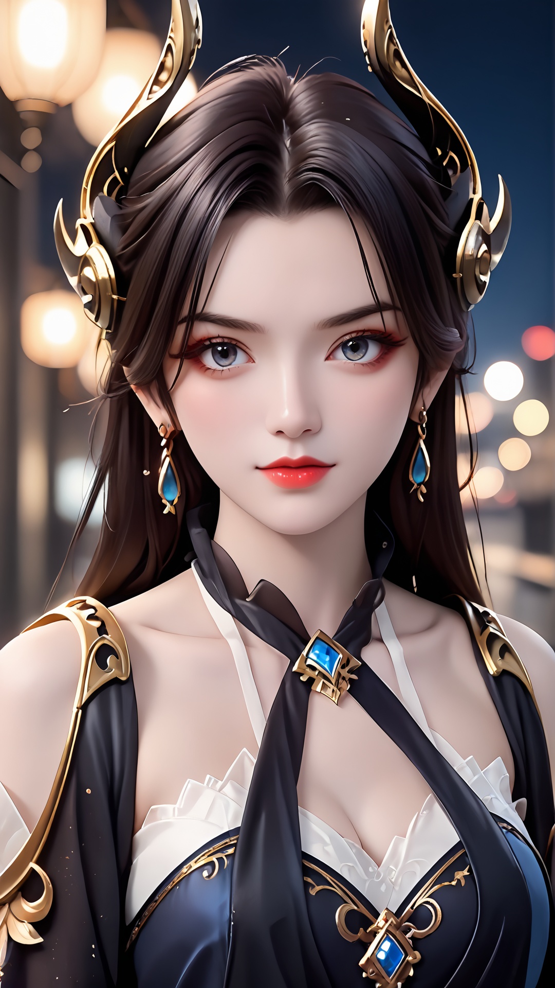 The image is a close-up portrait of a young woman with long dark hair and a fierce expression on her face. She is wearing a black and gold outfit with a blue necklace and earrings. Her hair is styled in a dramatic updo with two large,ornate horns on either side of her head. The horns are gold and appear to be made of metal. The background is blurred,but it appears to be a cityscape with buildings and lights. The overall mood of the image is dark and mysterious.,<lora:pony曹颖:0.8>,