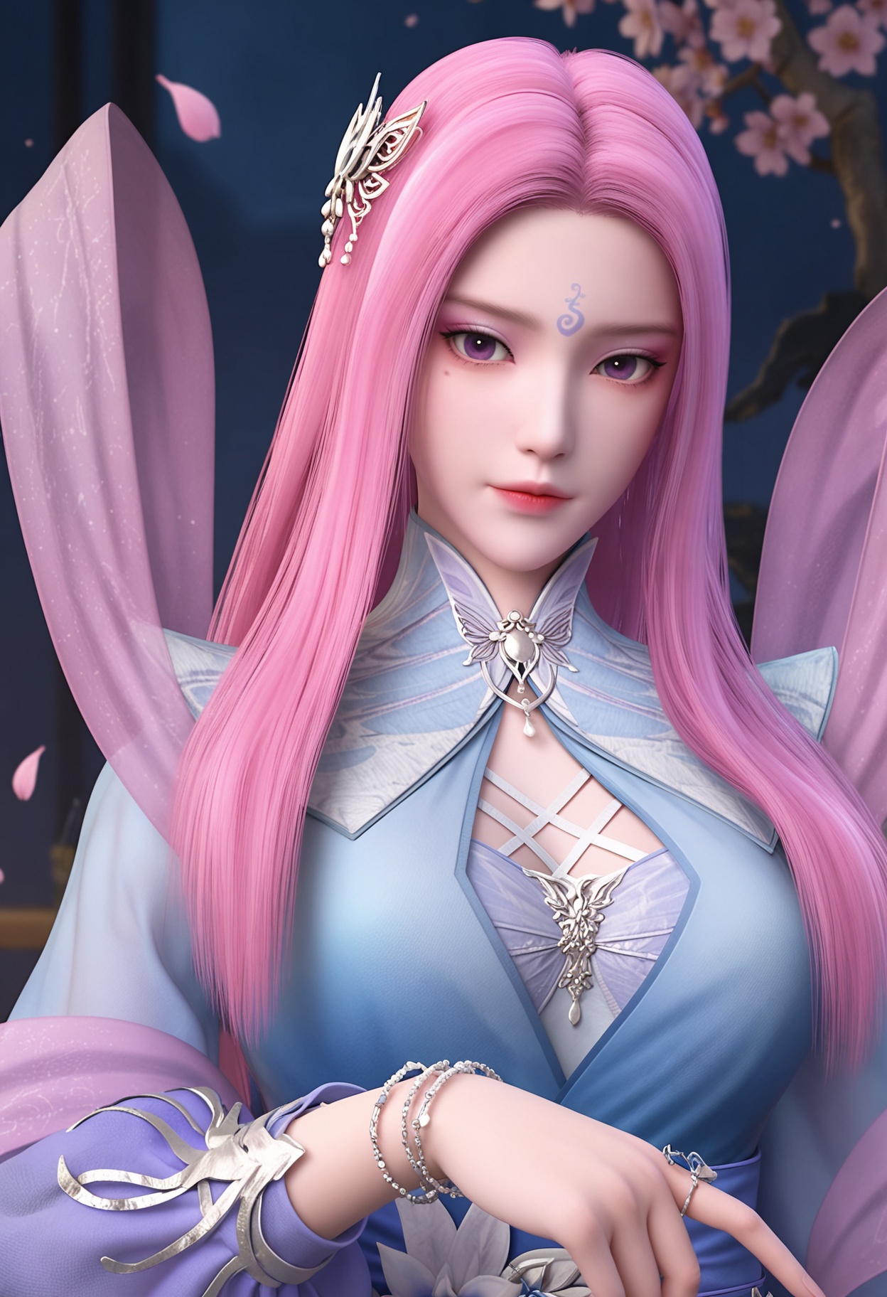 (upper_body:1.2),looking at viewer:1.1,masterpiece,(best quality),smog,Dark room,dim lighting,peach blossom,falling petals,<lora:YQ_Illustrious光辉v5_玄月_V1:0.8>,q1528437228,1girl,long hair,pink hair,solo,forehead mark,dress,hair ornament,blue dress,jewelry,sash,purple eyes,bracelet,pink eyes,shawl,long sleeves,hagoromo,