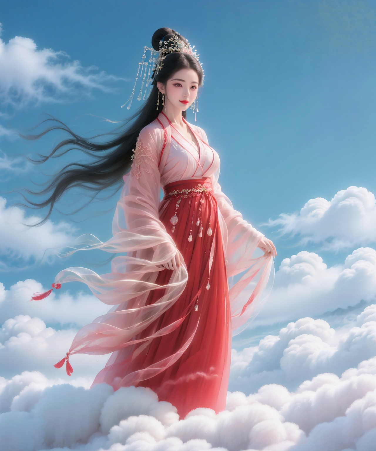 1girl,jewelry,red_lips_,lipstick,applying_makeup,diamond drop earrings,eye makeup,black hair,hanfu,upper_body,solo,<lora:汉服眼妆1.3:0.5>,plump breasts,<lora:仙子乘云1.1:0.9>,