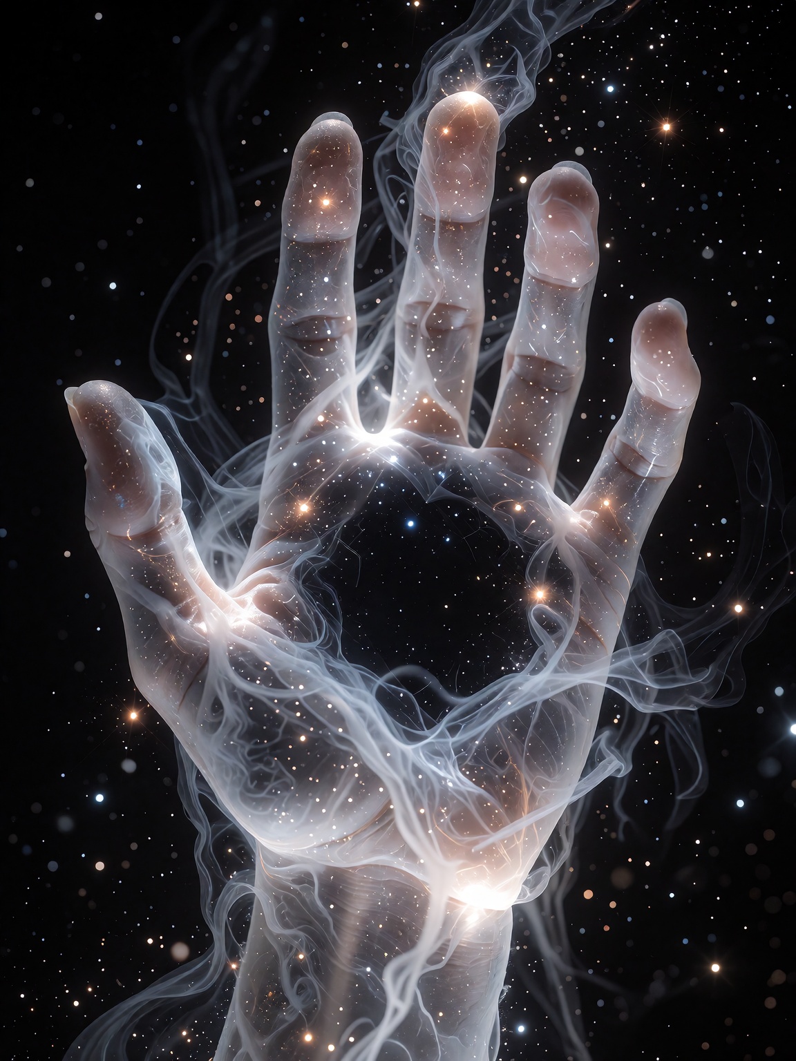 Translucent hand of swirling white cosmic dust and glowing stardust,  dark void centered in the palm,  luminous gas filame...