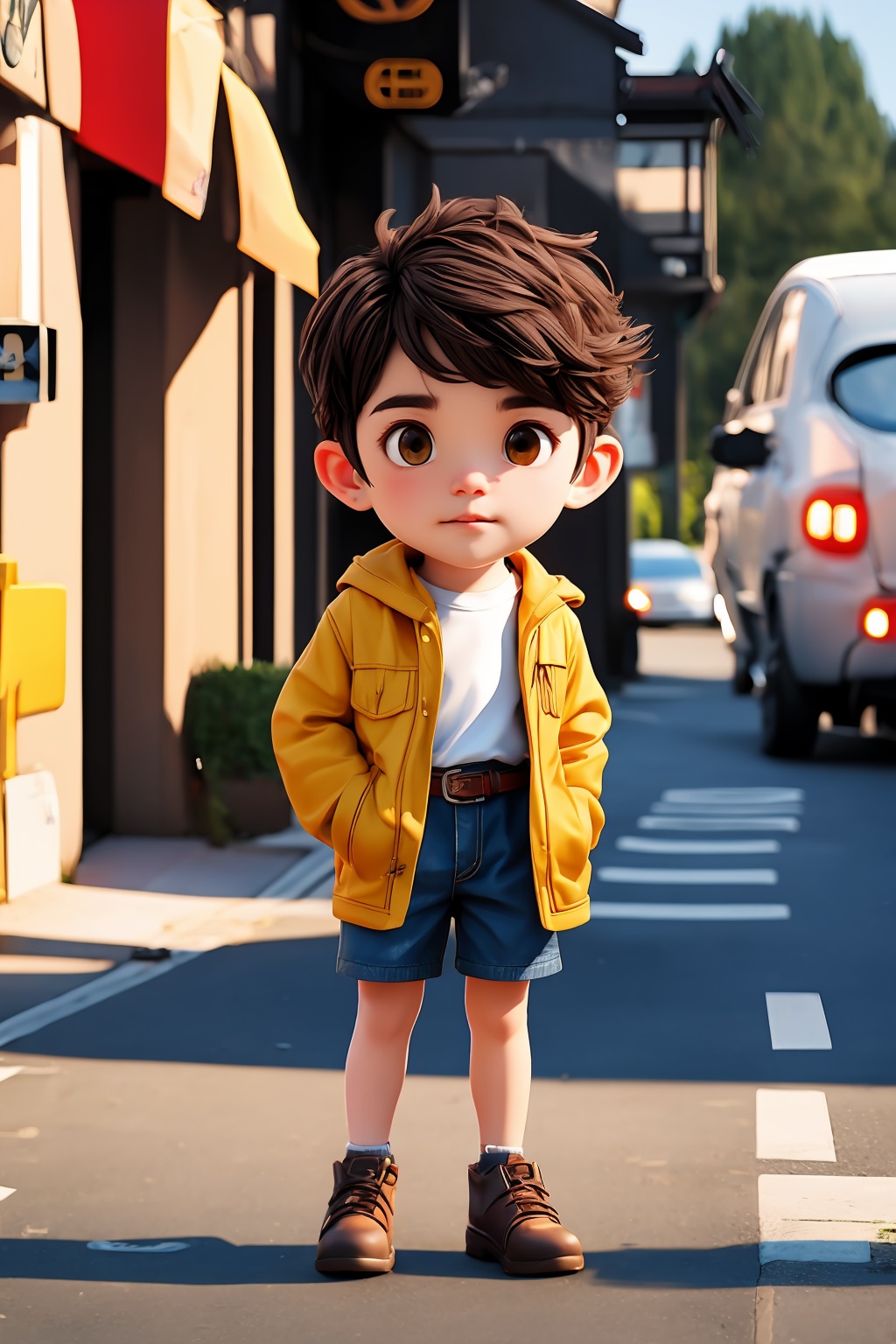 boy,looking at viewer, shirt, solo, outdoors, cowboy shot, sleeves rolled up, road, miniskirt, motor vehicle, street, standing, day, jacket,