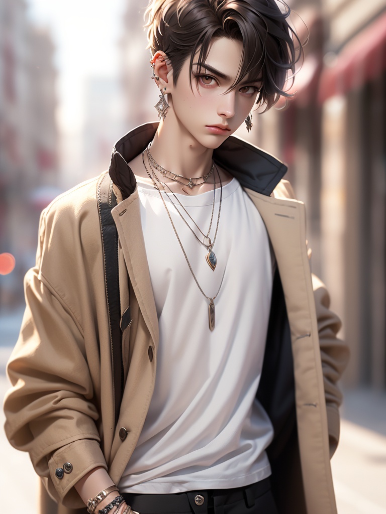 CG,solo,jewelry,brown eyes,looking at viewer,blurry background,brown hair,shirt,earrings,upper body,short hair,male focus,jacket,blurry,1boy,necklace,lips,white shirt,realistic,closed mouth,piercing,coat,bangs,outdoors,