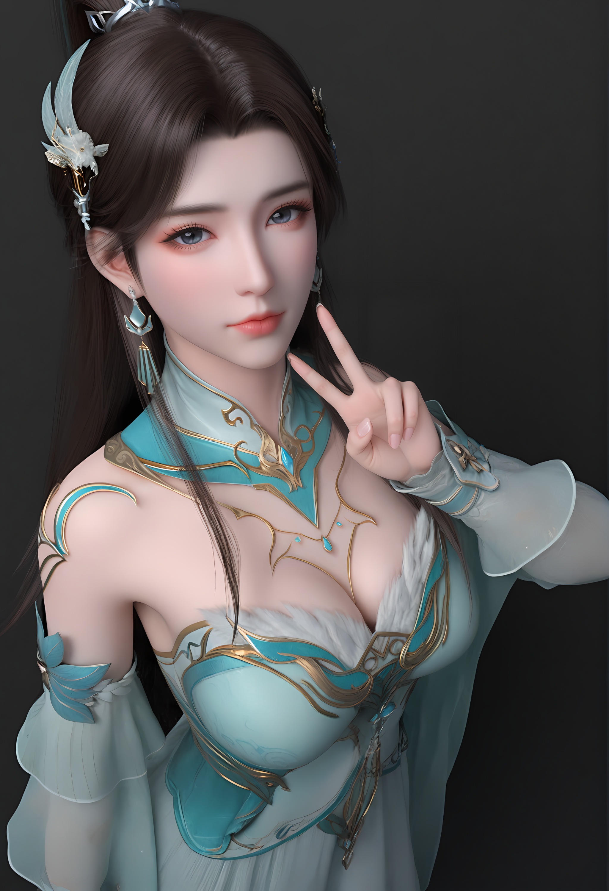 (score_9),<lora:古熏儿2-apony:0.86>,guxuner,1girl,solo,long hair,hair ornament,earrings,ponytail,hair tie,gold accessory,gold accessory,detached collar,jewelry,dress,detached sleeves,wrist cuffs,mature_female,collarbone,large breasts,cleavage,BREAK<lora:Expressive_H-000001:0.8>,light blush,Expressiveh,looking at viewer,front view,dutch angle,dynamic_angle,from above,selfie,v sign,closed mouth,<lora:e肤色滑块:0.25>,fair_skin,(pale skin),ultra-detailed skin texture,detailed textures,<lora:皮肤凹痕:1.2>,<lora:RealisticSkinv1_ponyv6_loraplus:0.3>,real skin,BREAKsimple background,black background,<lora:e色温:0.25>,4K ultra HD,sharp focus,high detail,high contrast,