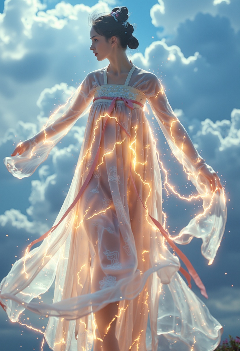 a picture of clouds cumulus tang style outfits hanfu,  transparent upper shan,  transparent chest pleated skirt on Tensor.Art