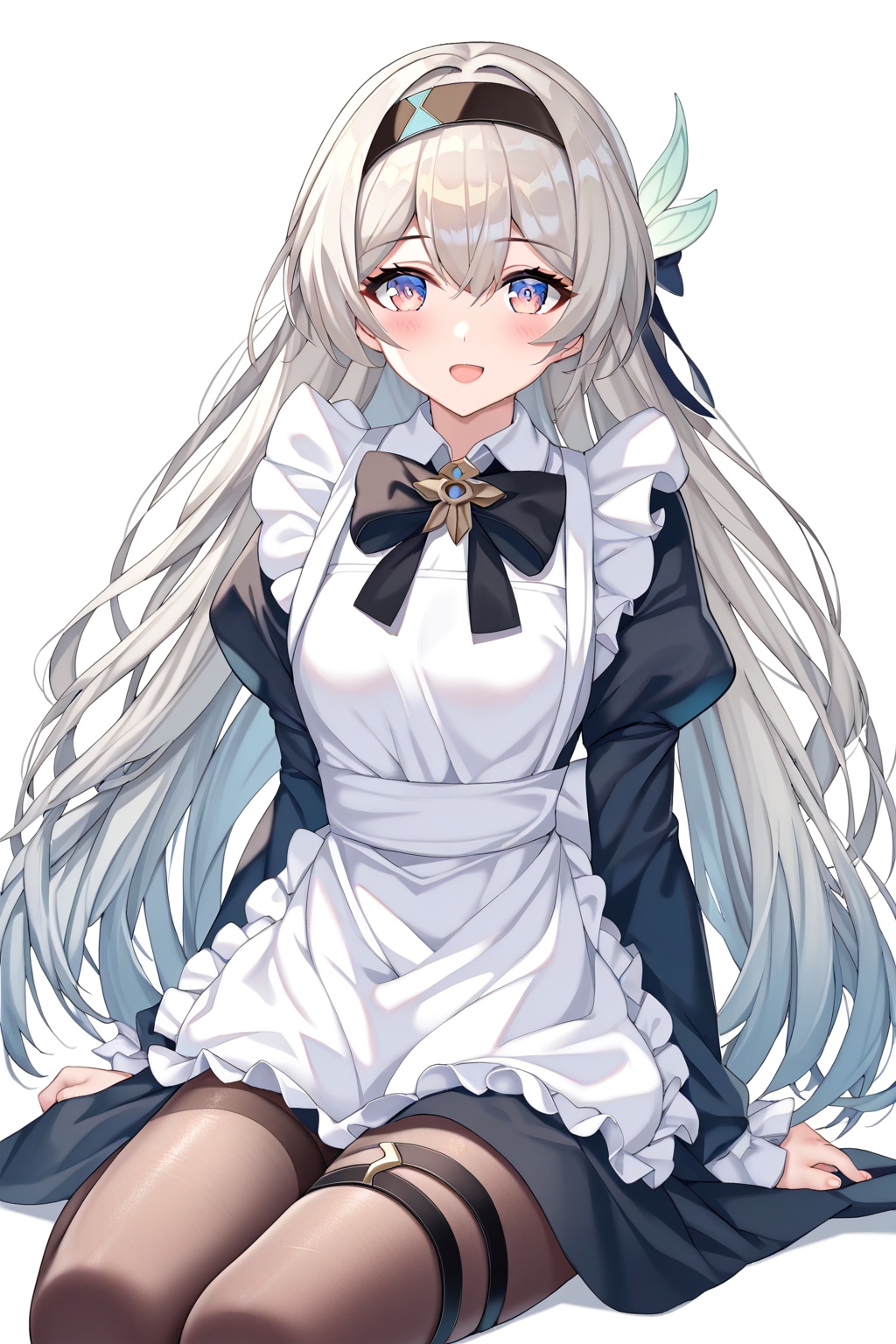 score_9,score_8_up,score_7_up,score_6_up,score_5_up,score_4_up,source_anime,source_cartoon,<lora:fireflyPXL-000008:0.8>,firefly \(honkai: star rail\),1girl,solo,black hairband,pantyhose,long hair,apron,bow,juliet sleeves,hairband,black bow,long sleeves,puffy sleeves,white apron,looking at viewer,maid,hair intakes,grey hair,black bowtie,open mouth,sitting,bowtie,blush,white background,frilled apron,multicolored eyes,black pantyhose,thigh strap,frills,smile,maid apron,alternate costume,sidelocks,simple background,brown pantyhose,