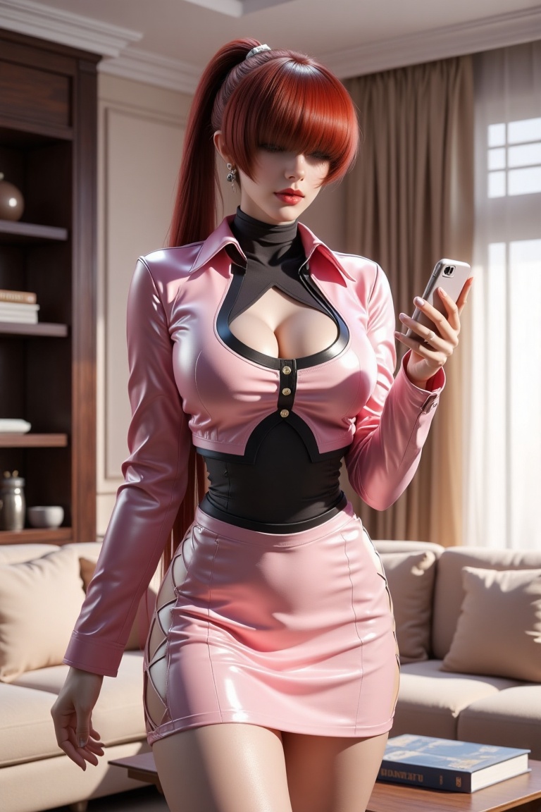 Shermie,The image shows a 3D rendering of a female character in a futuristic outfit,modern living room. The character has long red hair that is styled in a sleek bob with bangs,her bangs completely covered her eyes,The outfit consists of a pink jacket with a black collar and has a cut-out design on the chest and a pink skirt that falls below her knees,the thighs are very thick,The outfit is **** of a shiny,latex material and has a high collar and long sleeves. Her phone which she holds in her right hand,has a light-colored case. She is standing in front of a beige sectional sofa adorned with light-colored cushions. The room is tastefully decorated with a mix of warm and neutral tones.,In the background,there is a wooden coffee table with a couple of books and a small decorative object. The walls are painted in a light beige color,and a large,dark wooden bookshelf is visible to the left. A large window with sheer curtains allows natural light to flood the room. The ceiling is adorned with crown molding,and the room has a cozy,inviting atmosphere. The overall ambiance is sophisticated and minimalist,with a focus on clean lines and modern design.,