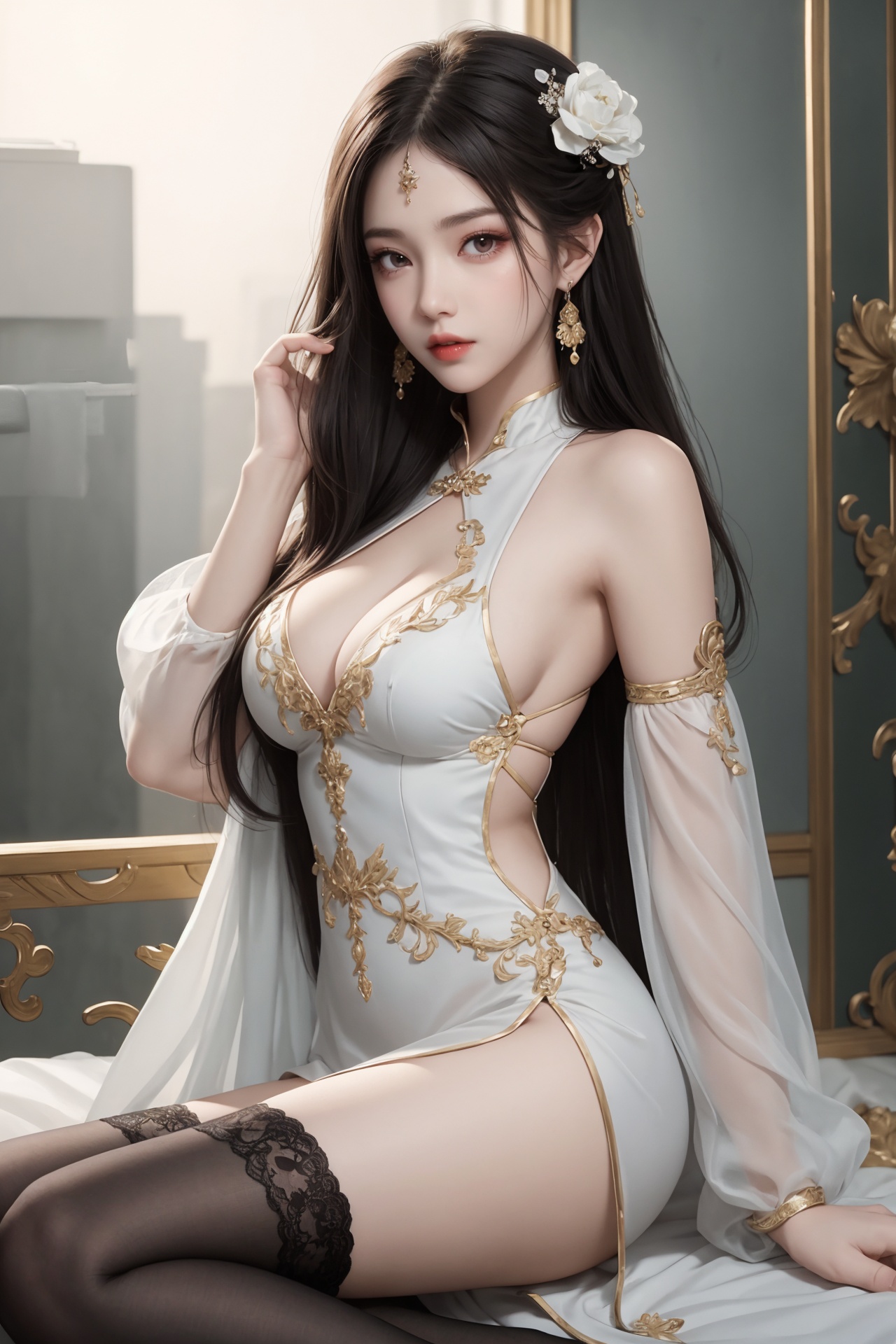 1girl, black hair, breasts, building, chinese clothes, dress, earrings, facial mark, forehead mark, hair ornament, jewelry, lips, long hair, looking at viewer, makeup, solo, thighhighs <lora:eye:0.8>