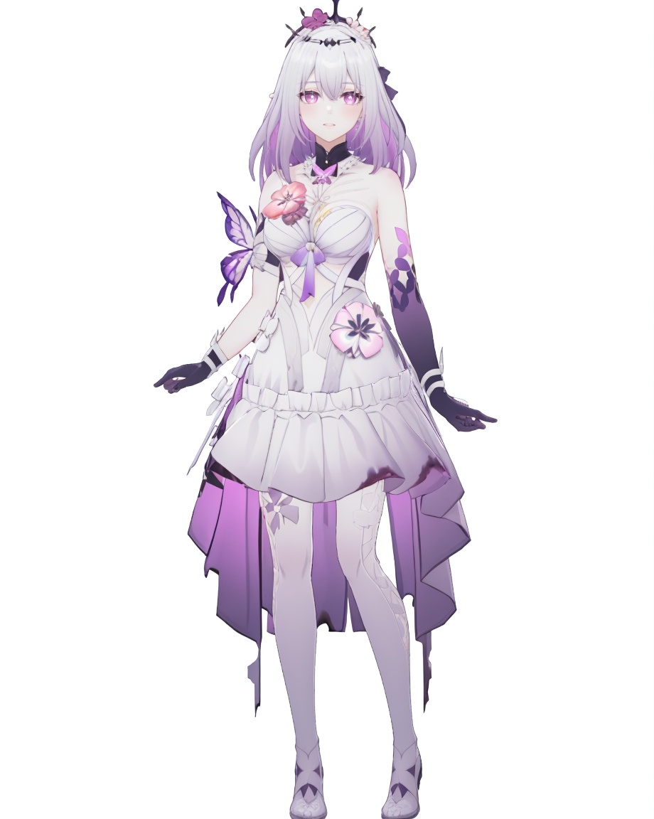 8k,best quality,masterpiece,(ultra-detailed),(high detailed skin),(by nanoless, by misumi \(macaroni\),:0.5),A full-body portrait of a young girl,standing gracefully,pastel art style,high-key lighting,shoujo manga influence,hd quality,delicate details,full body,full shot,standing,looking at viewer,(solo:1.2),simple background,white background,<lora:Castorice-sd-Tanger:0.8>,Castorice \(honkai: star rail\),clothes: Castorice  def  white dress,black tiara,1girl,purple eyes,purple hair,bangs,black gloves,white pantyhose,