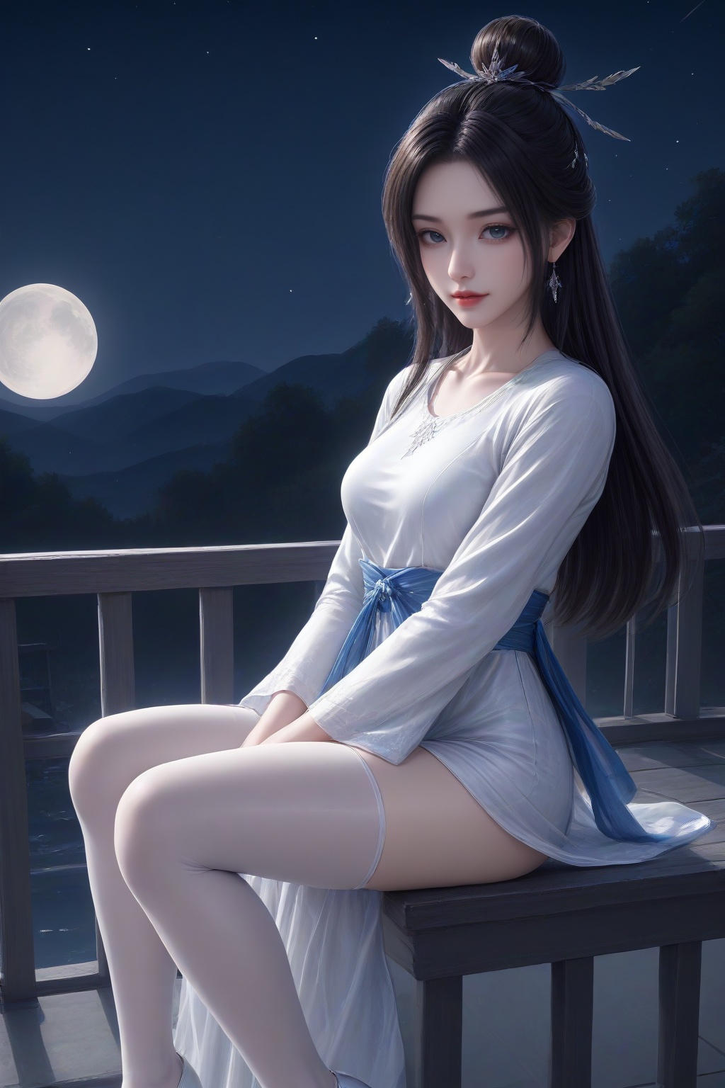 <lora:luxueqi_v1-000012:0.5>,luxueqi,1girl,solo,hair ornament,hair bun,facial mark,single hair bun,shiny,closed mouth,long hair,lips,lipstick,red lips,white dress,earrings,black hair,jewelry,dress,hair ornament,sash,shorts,moon,railing,clothing cutout,long sleeves,night sky,[moon],star \(sky\),chinese style architecture,lantern,looking at viewer,light smile,standing,(hands folded over the lower abdomen:1.2),full body,masterpiece,highres,absurdres,best quality,8K,high-res detailed,<lora:sh-glossy_r2:0.7>,white_pantyhose,high heels,louboutin heels,(white heels:1.2),footwear,<lora:Louboutin_Heels__PONY:0.5>,
