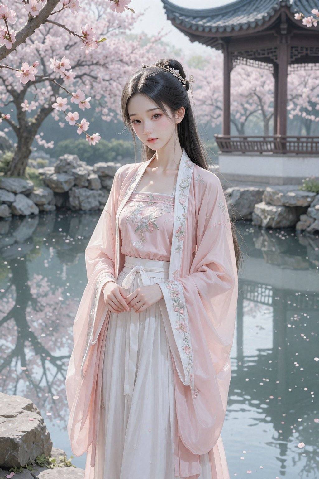 一位年轻的亚洲女子,  估计二十岁出头,  身着传统汉服 on Tensor.Art
