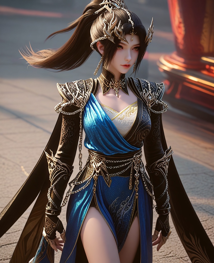 (oriental architecture, elegant decor, sophisticated style:1.1),(Thighs crossed, hands on knees,:1.1),From a high-angle vantage point, looking downwards,(large breasts:1.2),<lora:XL16云深不知梦羲和融合玄凤:0.95>,miss xihe,black wrap coat with blue overdress,shoulder armor,brown eyes,black hair,very long hair,ponytail,hair ornament,jewelry,chain ornament,gauntlets,sash,blue to white ombre base skirt,cape,, score_9,score_8_up,score_7_up,score_6_up,score_5_up,score_4_up,3d rendering,tag1,tag2, Cinematic Lighting,backlighting,