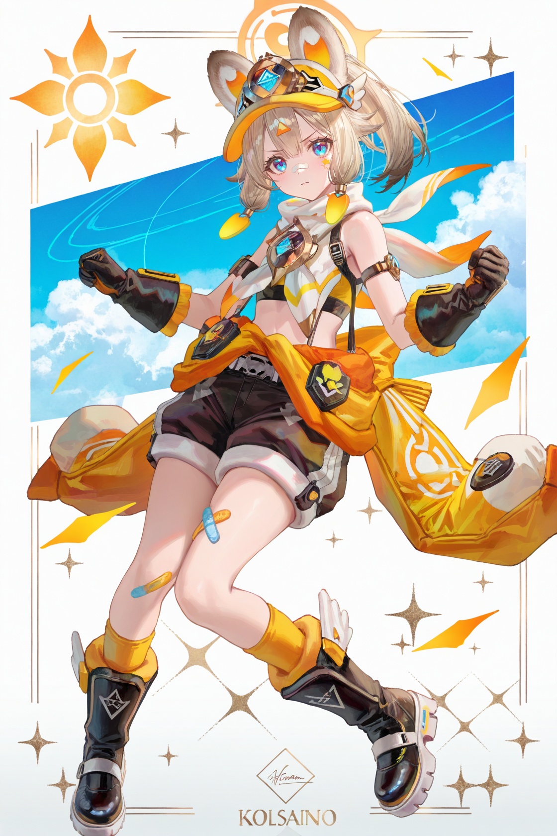 8k,masterpiece,best quality,amazing quality,very aesthetic,absurdres,(ultra-detailed),(high detailed skin),((artist:betabeet)),artist:john_kafka,artist:nixeu,artist:quasarcake,(artist:fuzichoco),(artist:atdan),(artist:torino_aqua),(by xilmo, by modare, by reoen:1.1),(hyperrealistic:1.1),(high_contrast:1.1),(holy_(\theme\):1.2),(card_\(theme\):1.1),solo,(white-color-scheme:1.1),character card,abstract sun,moon and stars,solo,<lora:kachina-noob-Tanger-000014:0.9>,kachina,default clothes,yellow headweaer,1girl,solo,blue eyes,boots,animal ears,black shorts,closed mouth,gloves,v-shaped eyebrows,socks,bandaid,black footwear,<lora:neg101-000008:0.4>,murals,holy light,mural sun,simple white background,angels come,clouds,card border,frame pattern,facial light,