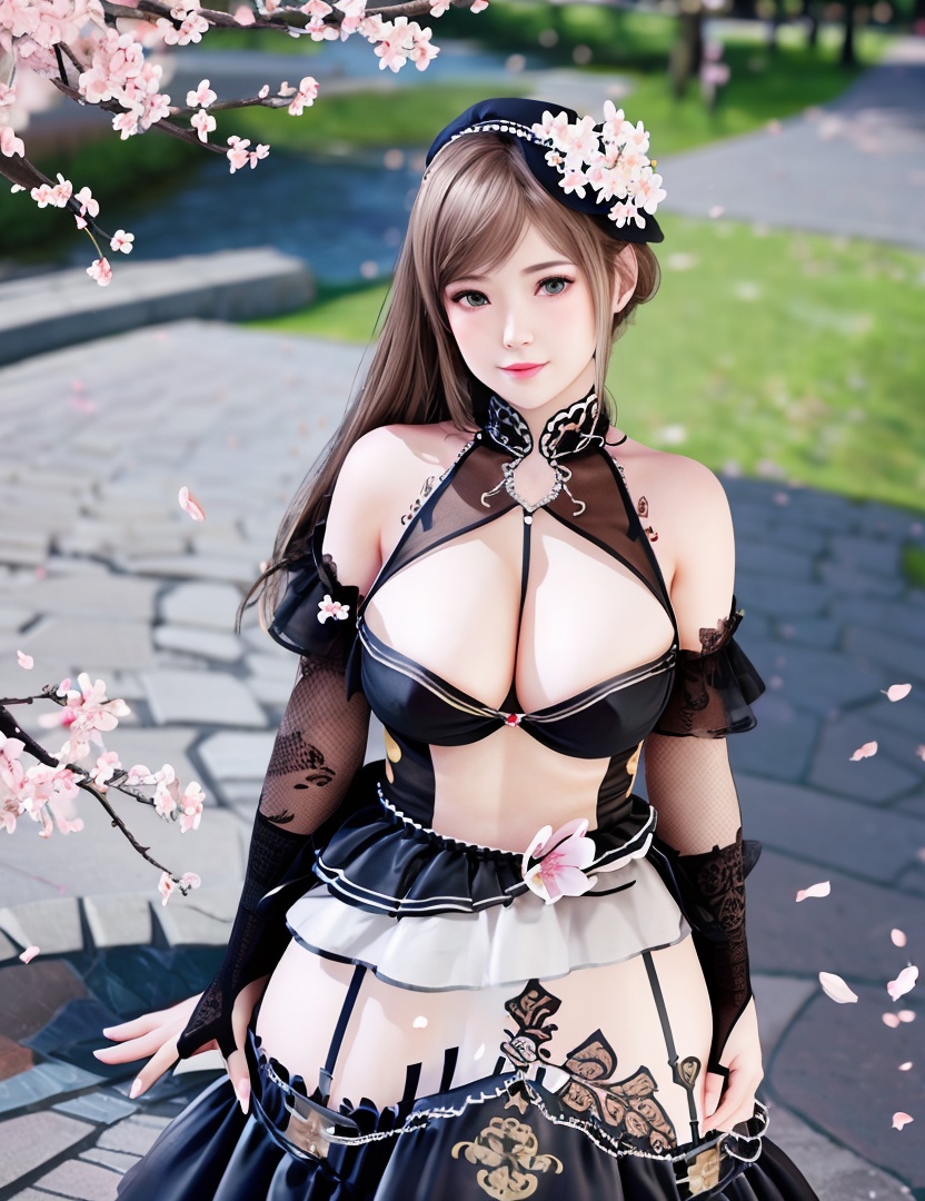 realistic, masterpiece, (,1girl, pov,best quality, ) , (,1girl, solo, large breasts, looking at viewer, cherry blossoms, )  <lora:Amy202010Halloween:1>