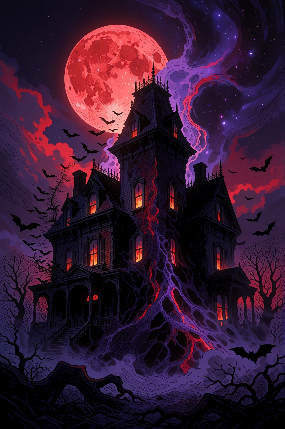CartoonLadies style. A colossal Victorian mansion stands integrated within a fractured nebular plain,  its darkened wooden...