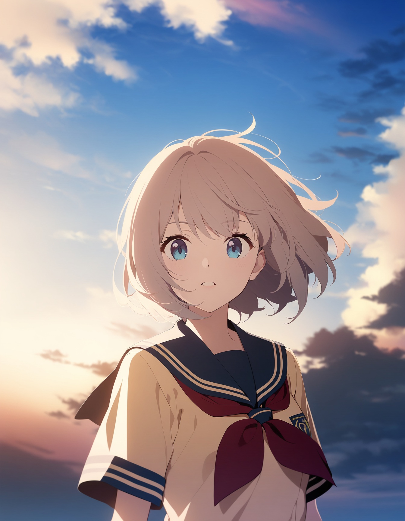 1girl,blue_sky,cloud,school uniform,looking at viewer,upper body,