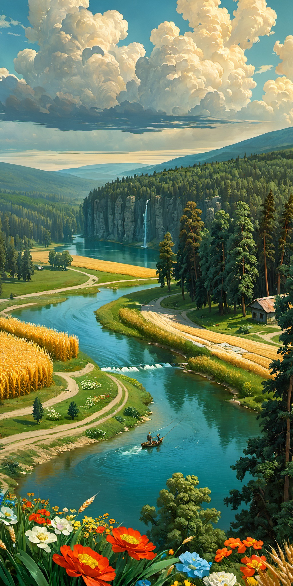 (Wheat), fields,ivan Shishkin,nature,trees,forest,water fall,sky,clouds,rock,lake,cloud,scenery,leafs,flowers,mountain at far,river,from above,countryside buildings at far,a man fishing beside river,