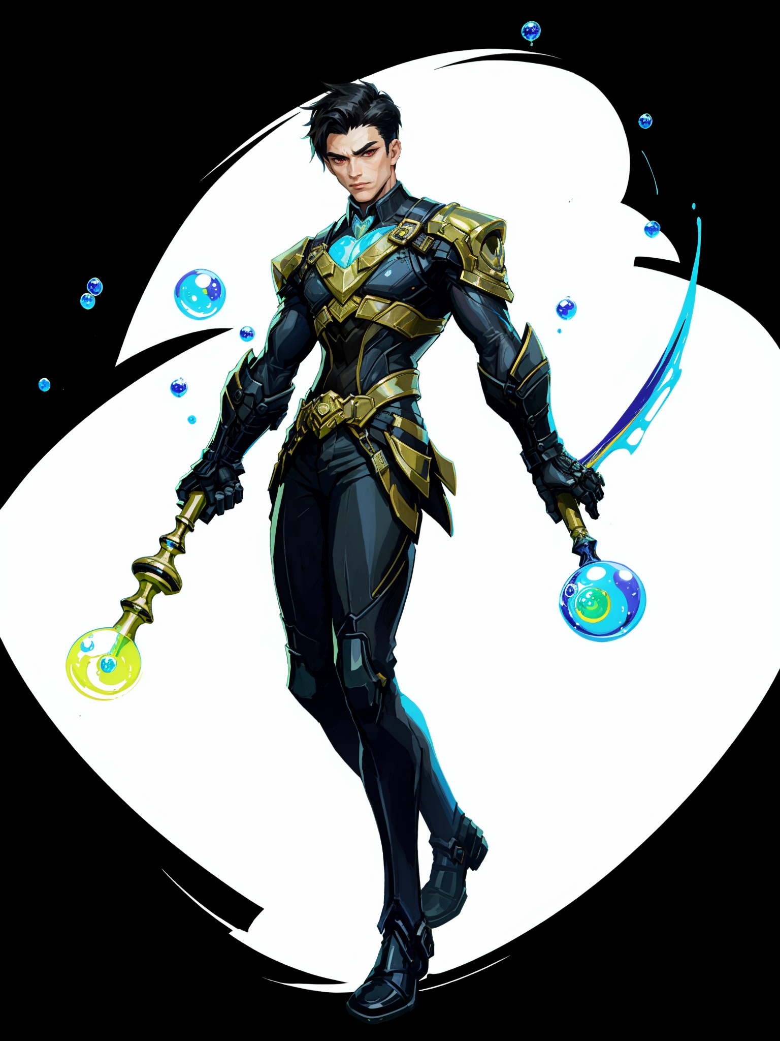 HEZI,Valenlott style,European and American cartoon character design,cutting,dividing,angular,features,1boy,solo,male focus,black hair,red eyes,white background,staff,simple background,multicolored hair,full body,holding,two-tone hair,looking at viewer,masterpiece,best quality,(rich details:1.1),incredibly absurdres,(Floating with colorful bubbles:1.2),<lora:欧美卡通人物设计V2版本-000012:0.7>,