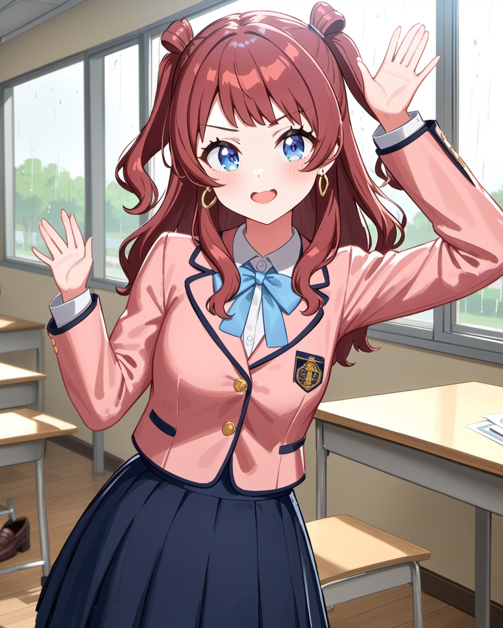 (impasto),best quality,masterpiece,highres,<lora:gakuenidolmaster1-A3:0.5>,saki hanami,saki two,1girl,earrings,white socks,red hair,socks,loafers,long hair,school uniform,two side up,long sleeves,bow,blue skirt,pleated skirt,brown footwear,blazer,blue eyes,white background,look at viewer,upper body,raining,classroom,waving,windows,sky,