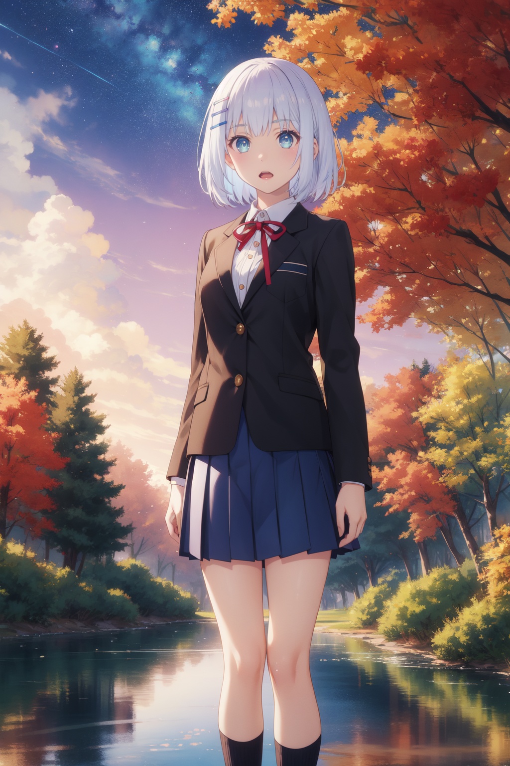 <lora:Origami-000007:0.8>,Origami cyql,1girl,looking at viewer,solo,short hair,white hair,hairclip,hair ornament,blue eyes,school uniform,ribbon,blazer,jacket,skirt,pleated skirt,Fearful, Wide-open eyes, a furrowed brow, and a slightly open mouth.,full_shot,beautiful face,beautiful eyes,glossy skin,shiny skin,Autumn, Foliage, River, Reflection, Colors, Trees, Serenity, Beauty,(Cottage garden flowers, Evening glow, Twilight hues, Summer blooms, English countryside, Serene atmosphere:0.6),beautiful detailed sky,beautiful detailed glow,posing in front of a colorful and dynamic background,masterpiece,best quality,beautiful and aesthetic,contrapposto,female focus,wallpaper,fashion,