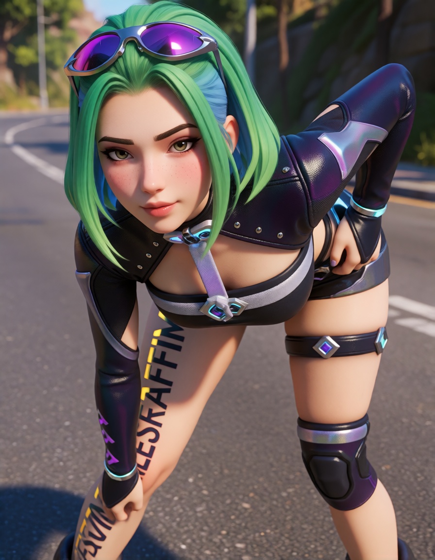 This is a digital CGI artwork of a young woman with a futuristic,  punk-inspired style. She has a light skin tone and a sl...