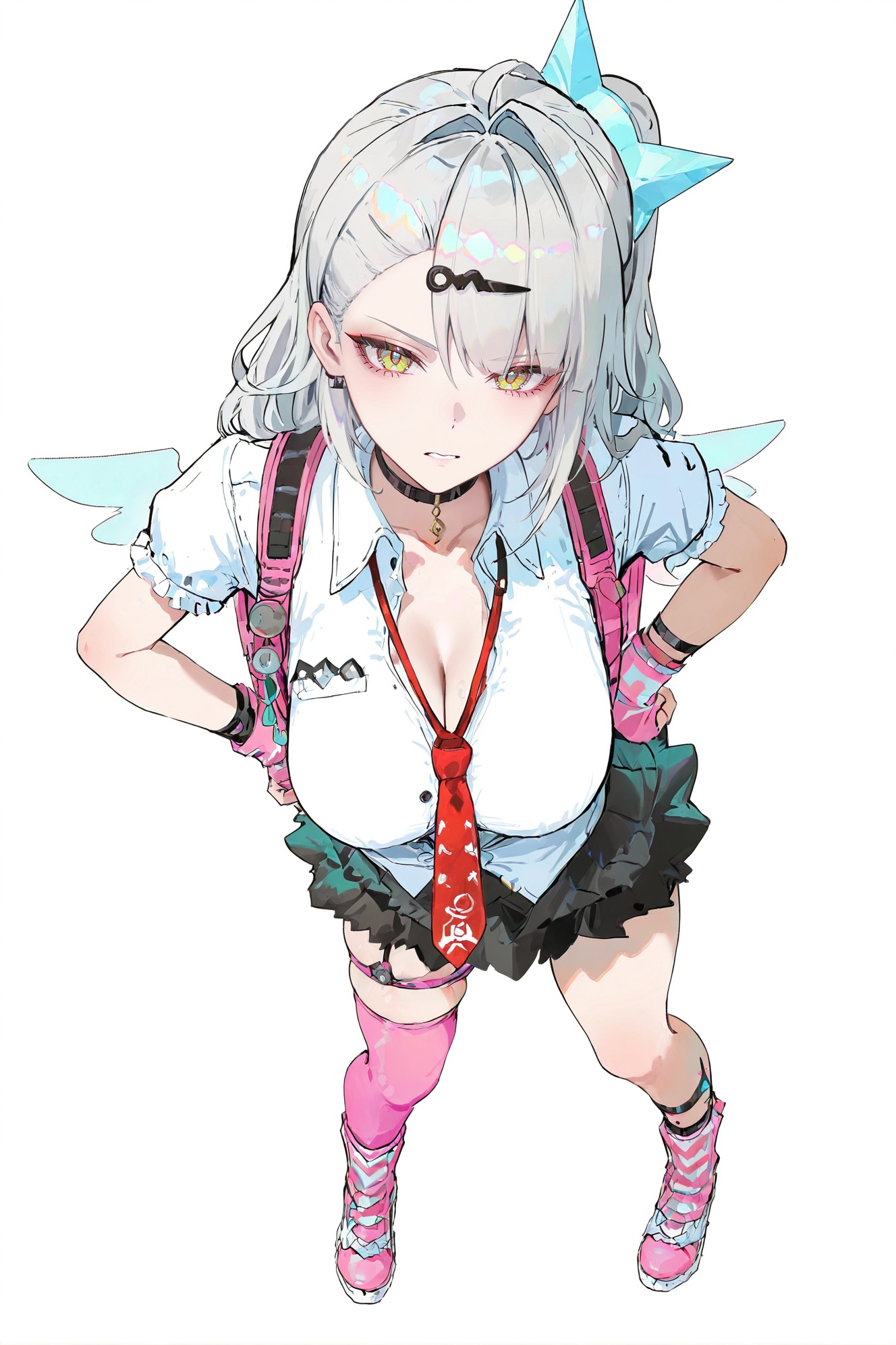 8k,best quality,masterpiece,(ultra-detailed),(high detailed skin),((artist:reoen),(artist:fuzichoco),(artist:atdan),(artist:torino_aqua),year 2024:0.8)1girl,[artist:wlop],[artist:ningen_mame],artist:ciloranko,[[artist:rhasta]],artist:tidsean,colorful,full body,full shot,standing,(solo:1.2),simple background,(white background:1.2),hand on own hip,(white background:1.1),looking at viewer,<lora:yixuan-ill-Tanger:1>,yixuan \(Zenless Zone Zero\),1girl,long hair,yellow eyes,breasts,cleavage,bangs,silver hair,dissemination,large breasts,<lora:Sunna-will-Tanger-000014:0.8>,clothes: def-aido white shirt with balck skirt,asymmetrical legwear,1girl,skirt,shirt,jewelry,short sleeves,earrings,wings,necktie,choker,wings,hairclip,halo,pink backpack,
