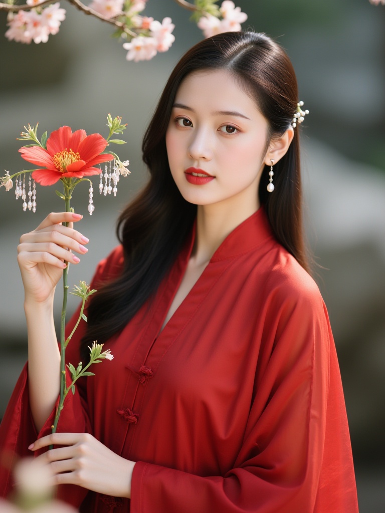 shangft, an Asian woman with fair skin and long black hair, wearing a red, flowing traditional Chinese robe. She holds a delicate, red flower with green leaves and white blossoms, adorned with dangling pearls. The background is softly blurred with natural light filtering through. Her expression is serene, with red lipstick and subtle makeup. <lora:S-T-古风写实_S1.03:1>