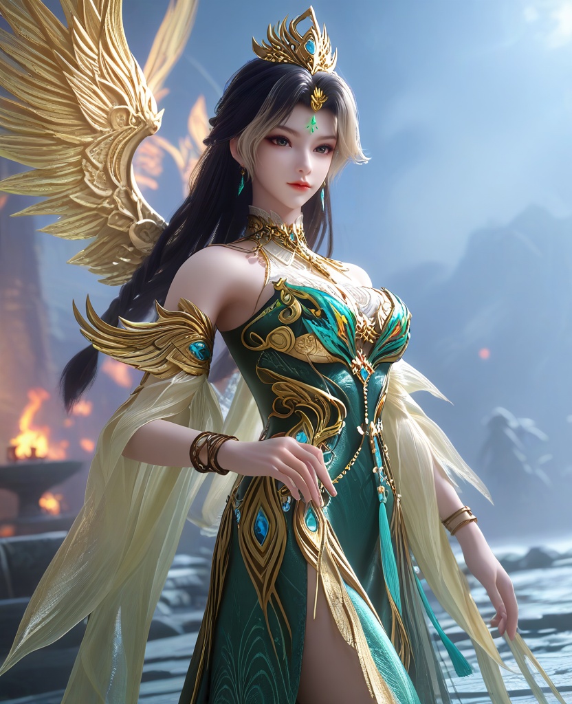 (standing, a eagle standing on her arm:1.1),looking at viewer,(large breasts:1.2),<lora:XL16云深不知梦燕倾霏典仪司:0.95>,miss yanqingfei,green tiered gown,forehead jewel,black hair,white streaked hair,long hair,half-up braid with long cascading hair,hair ornament,earrings,jewelry,armlet,bracelet,collar,wide flowing sleeves,, score_9,score_8_up,score_7_up,score_6_up,score_5_up,score_4_up,3d rendering,tag1,tag2, Cinematic Lighting,backlighting,