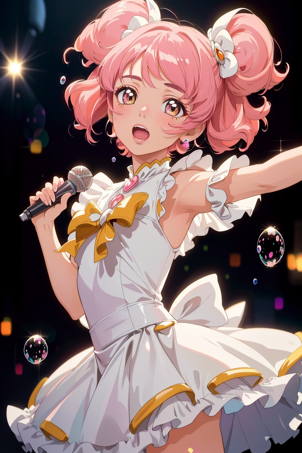 (best quality, masterpiece, colorful, dynamic angle, highest detailed) \Creamy Mami\, cowboy shot, fashion photography of cute (Creamy Mami), intense pink hair, singing pose, (ultrahigh resolution textures), bokeh, (intricate details, hyperdetailed:1.15), detailed, light passing through hair, colorful bubble clouds background, (official art, extreme detailed, highest detailed), HDR+