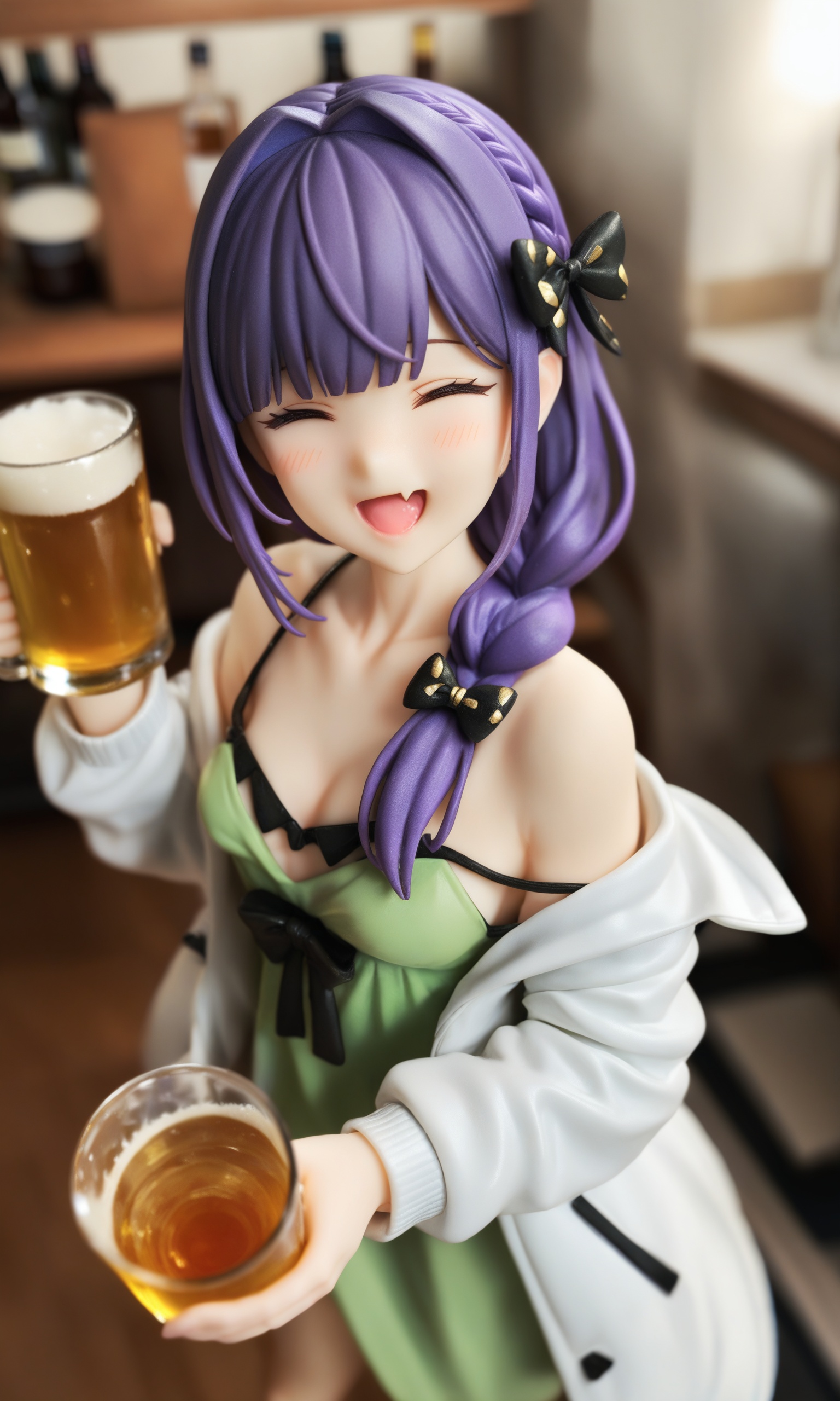 1girl,solo,closed eyes,breasts,green dress,braid,jacket,holding,fang,alcohol,smile,white jacket,beer,purple hair,bangs,long hair,dress,open jacket,blush,cup,open mouth,open clothes,off shoulder,single braid,:d,skin fang,hair bow,blunt bangs,holding cup,strap slip,long sleeves,small breasts,cleavage,bow,mug,indoors,collarbone,bare shoulders,^_^,black bow,hair over shoulder,drunk,spaghetti strap,two-tone jacket,sleeveless,facing viewer,beer mug,cowboy shot,hair intakes,best quality,ultra detailed,realistic,shiny_skin,